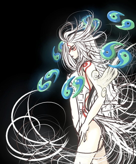 amaterasu_(ookami), bodypaint, jirotama, jorotama, ookami_(game), personification, white_hair