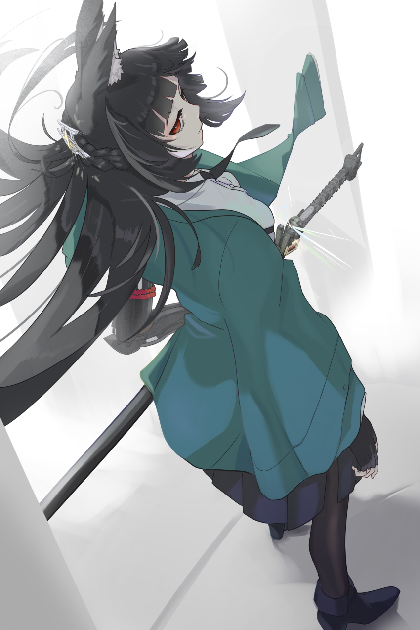 1girl, absurdres, animal_ear_fluff, animal_ears, black_gloves, black_hair, black_pantyhose, black_shoes, blue_jacket, blue_skirt, closed_mouth, fingerless_gloves, fox_ears, fox_girl, from_behind, gloves, highres, holding, holding_sword, holding_weapon, hoshimi_miyabi, jacket, long_hair, looking_at_viewer, mamya, pantyhose, red_eyes, shirt, shoes, sidelocks, skirt, solo, sword, weapon, white_shirt, zenless_zone_zero