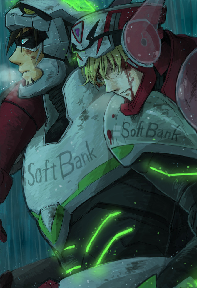 10s, 2boys, aqua_eyes, armor, barnaby_brooks_jr., blonde_hair, blood, brown_eyes, brown_hair, carrying, domino_mask, eye_mask, facial_hair, glowing, glowing_eyes, injury, kaburagi_t._kotetsu, male_focus, mask, multiple_boys, neon_trim, owr, power_armor, power_suit, product_placement, stubble, superhero_costume, tiger_&amp;_bunny, wild_tiger