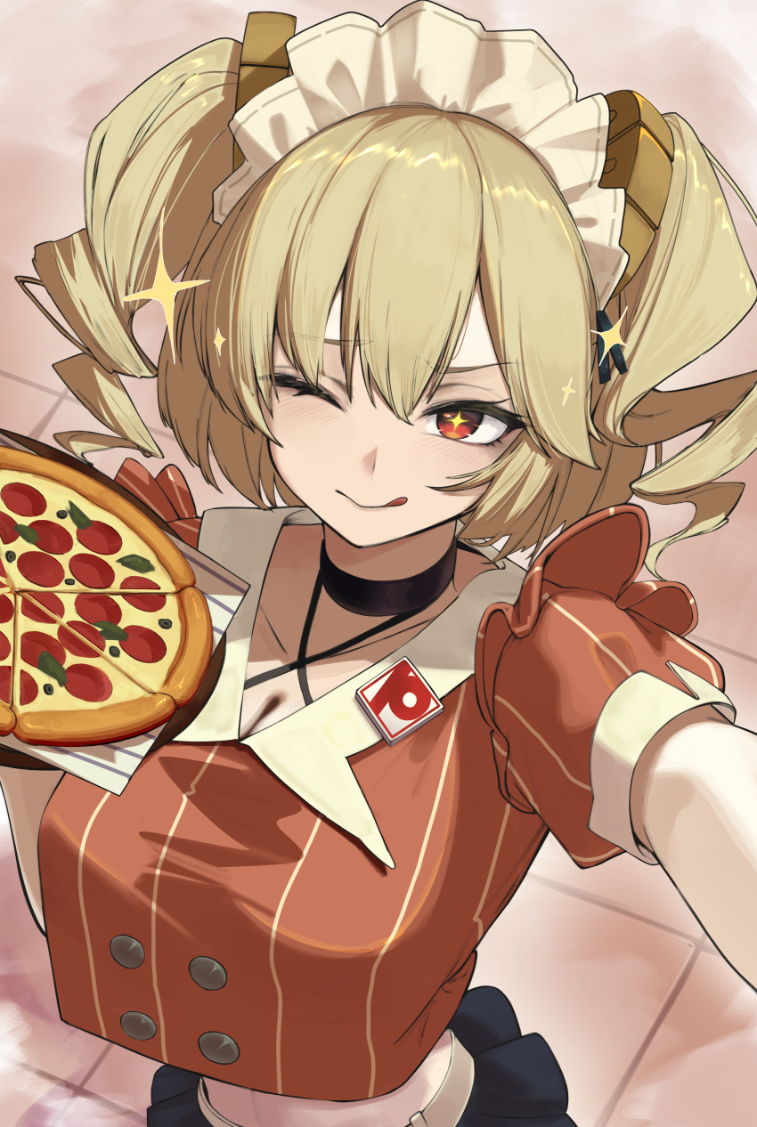 1girl, absurdres, black_choker, black_skirt, blonde_hair, blush, breasts, burnice_white