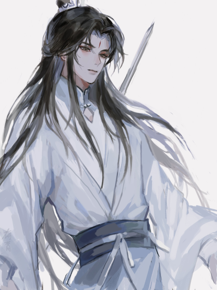 1boy, brown_eyes, brown_hair, chinese_clothes, chinese_commentary, cleavage_cutout, closed_mouth, clothing_cutout, cowboy_shot, facial_mark, forehead_mark, grey_sash, guapi_he_yu, hanfu, highres, holding, holding_behind_back, holding_sword, holding_weapon, holding_weapon_behind_back, liu_yao, long_hair, long_sleeves, looking_down, male_focus, sash, simple_background, solo, sword, topknot, weapon, white_background, white_hanfu, wide_sleeves, xiao_guan_(headdress), yan_zhengming