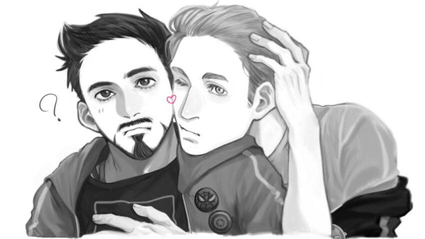 2boys, ?, animification, avengers_(series), badge, closed_mouth, commentary_request, facial_hair