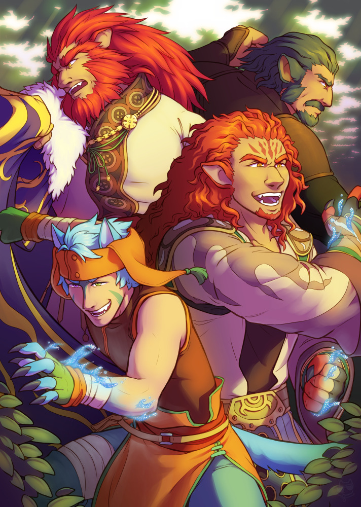 4boys, animal_ears, beard, blue_hair, caineghis_(fire_emblem), cat_boy, cat_ears, commentary