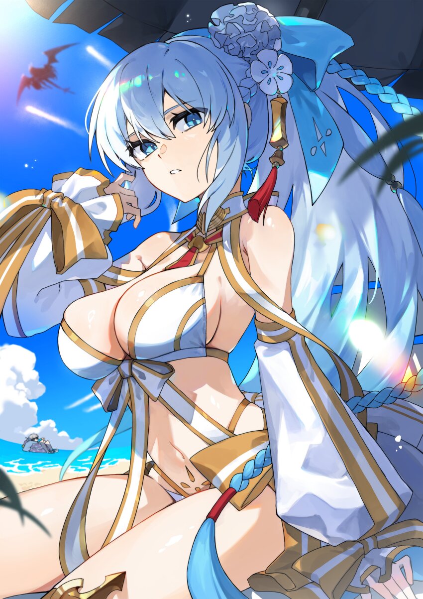 1boy, 2girls, absurdres, bare_shoulders, beach, beach_umbrella, bikini, blue_bow