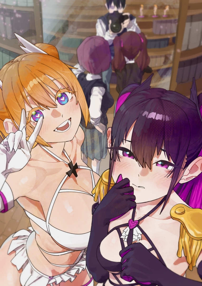 1boy, 2.5_jigen_no_ririsa, 2girls, amano_ririsa, ariel_(2.5_jigen_no_ririsa), ariel_(2.5_jigen_no_ririsa)_(cosplay), black_gloves, blonde_hair, blush, breasts, brown_hair, camera, cardigan_vest, closed_mouth, collarbone, cosplay, different_reflection, eyebrows_hidden_by_hair, garter_straps, gloves, hair_ornament, heart, heart-shaped_pupils, highres, holding, holding_camera, kuriki_art, large_breasts, liliel_(2.5_jigen_no_ririsa), medium_breasts, miriella_(2.5_jigen_no_ririsa), miriella_(2.5_jigen_no_ririsa)_(cosplay), mirror, multicolored_eyes, multicolored_hair, multiple_girls, okumura_masamune, open_mouth, reflection, revealing_clothes, smile, symbol-shaped_pupils, tachibana_mikari, taking_picture, twintails, two-tone_hair, v, white_garter_straps, wig, wing_hair_ornament