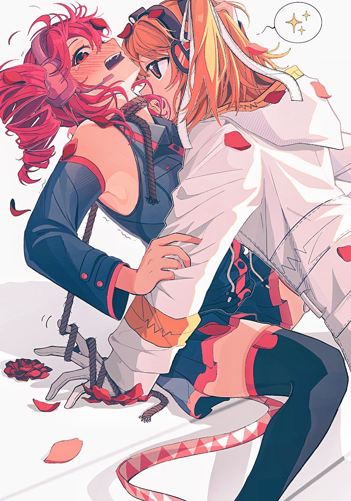 2girls, a.i._voice, adachi_rei, ahoge, black_shirt, black_skirt, black_sleeves, black_thighhighs, blush, breast_pocket, buttons, collared_shirt, detached_sleeves, drill_hair, flat_chest, flower, hair_between_eyes, hair_ribbon, hand_on_another's_arm, hashtag-only_commentary, headlamp, jacket, kasane_teto, kasane_teto_(utau), kimmy6710223, leaning_back, leaning_forward, long_sleeves, looking_at_another, looking_at_viewer, miniskirt, multiple_girls, open_mouth, orange_eyes, orange_hair, petals, pleated_skirt, pocket, radio_antenna, red_eyes, red_flower, red_hair, red_petals, ribbon, rope, rope_around_neck, shirt, side_ponytail, sitting, skirt, skirt_set, sleeveless, sleeveless_shirt, spoken_star, star_(symbol), tears, teeth, thighhighs, twin_drills, upper_teeth_only, utau, white_jacket, white_ribbon, wing_collar, yuri, zettai_ryouiki