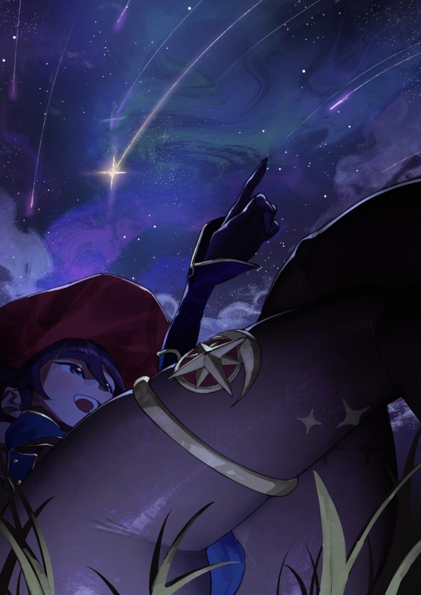 1girl, ass, black_gloves, black_pantyhose, blue_eyes, blue_leotard, cameltoe, cloud