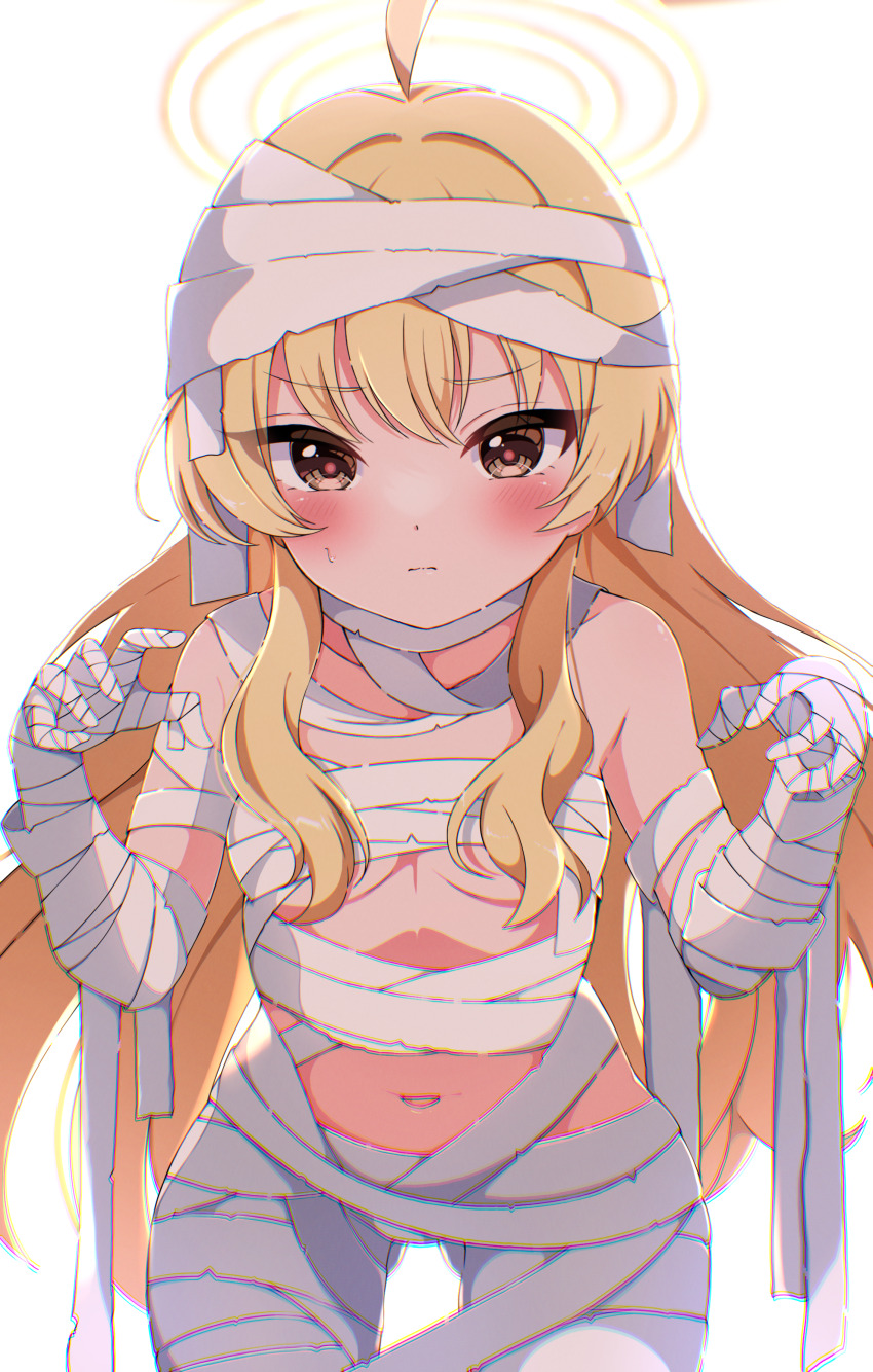 1girl, absurdres, arm_wrap, bandage_over_one_eye, bandaged_arm, bandaged_hand, bandaged_head, bandaged_leg, bandages, bandaid, bandaid_on_face, blonde_hair, blue_archive, blush, breasts, brown_eyes, budget_sarashi, cast, closed_mouth, commentary_request, highres, leaning_forward, loli, long_hair, looking_at_viewer, mummy, naked_bandage, navel, sarashi, sen_chan_(akane1023), solo, wrist_wrap, yoshimi_(blue_archive), yoshimi_(halloween)_(blue_archive)