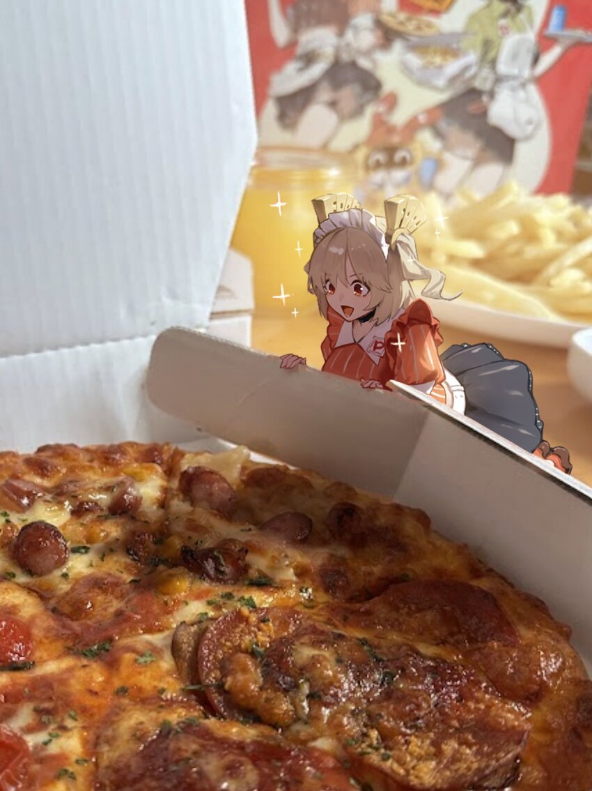 1girl, :d, blonde_hair, burnice_white, burnice_white_(operation_yum_2025), commentary, food, french_fries