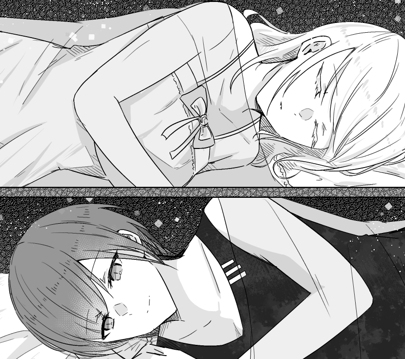 2girls, bare_shoulders, blush, bow, breasts, ceras_yanagida_lilienfeld, ceras_yanagida_lilienfeld_(summer_loungewear), closed_eyes