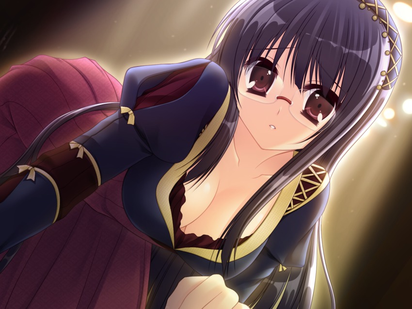1girl, black_hair, breasts, cleavage, dress, female_focus, game_cg, glasses