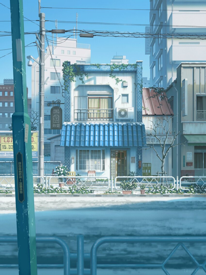 balcony, bare_tree, beer_crate, blue_sky, building, condenser_unit, day, door