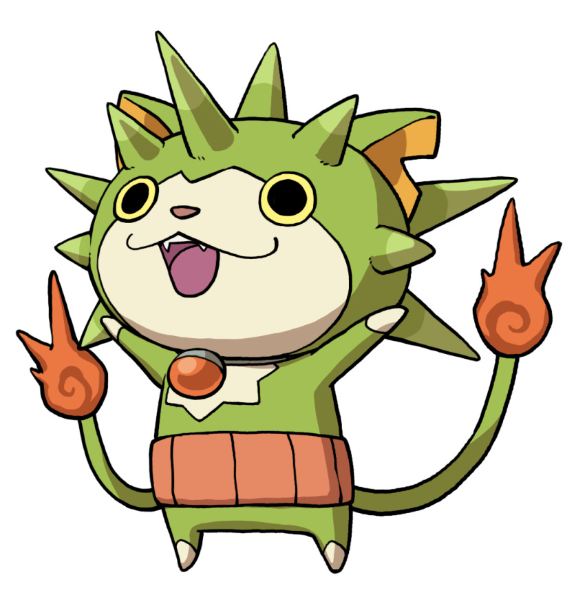 arms_up, cat, fire, flame-tipped_tail, full_body, haramaki, multiple_tails, notched_ear