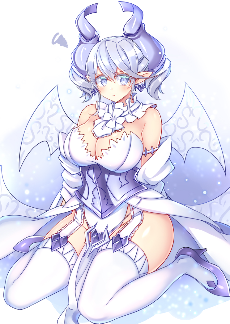 1girl, bare_shoulders, breasts, cleavage, demon_girl, demon_horns, demon_wings, dress