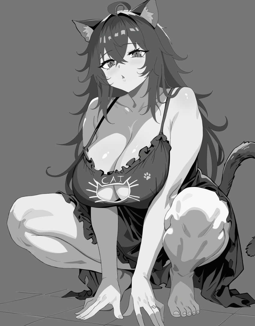 1girl, absurdres, ahoge, all_fours, alternate_costume, animal_ear_fluff, animal_ears, babydoll, barefoot, breasts, cat_cutout, cat_ears, cat_tail, cleavage, cleavage_cutout, clothing_cutout, collarbone, commentary, english_commentary, fingernails, goddess_of_victory:_nikke, grey_background, greyscale, highres, huge_breasts, jewelry, large_breasts, long_hair, messy_hair, monochrome, naggarron, nihilister_(nikke), ring, slit_pupils, solo, spaghetti_strap, squatting, tail, tile_floor, tiles, toenails, very_long_hair