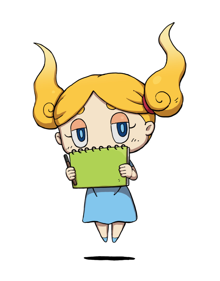 1girl, blonde_hair, blue_dress, blue_eyes, dress, floating, floating_hair, full_body, highres, holding, holding_notebook, kanpechan, looking_at_viewer, notebook, official_art, short_twintails, simple_background, solo, transparent_background, twintails, youkai_(youkai_watch), youkai_watch, youkai_watch_3