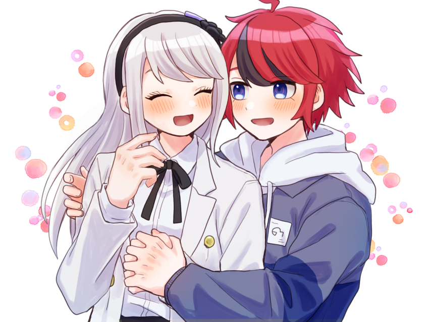 1boy, 1girl, ahoge, arm_around_shoulder, black_bow, black_hair, black_hairband, black_headband