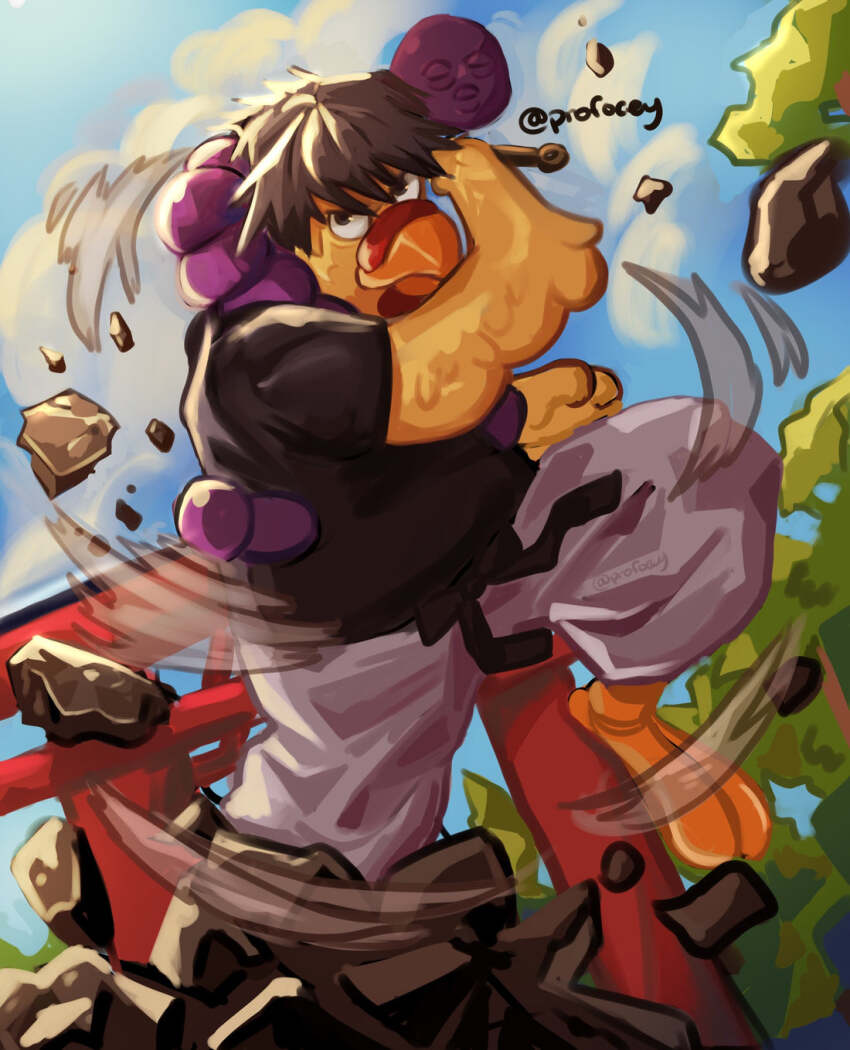 artist_name, black_eyes, black_hair, black_shirt, blue_sky, chicken_boy, closed_mouth, cosplay