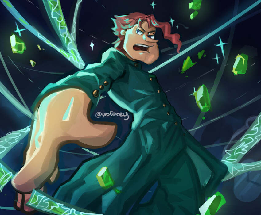 1boy, bioluminescence, cosplay, gakuran, glenn_quagmire, glowing, green_jacket, green_pants