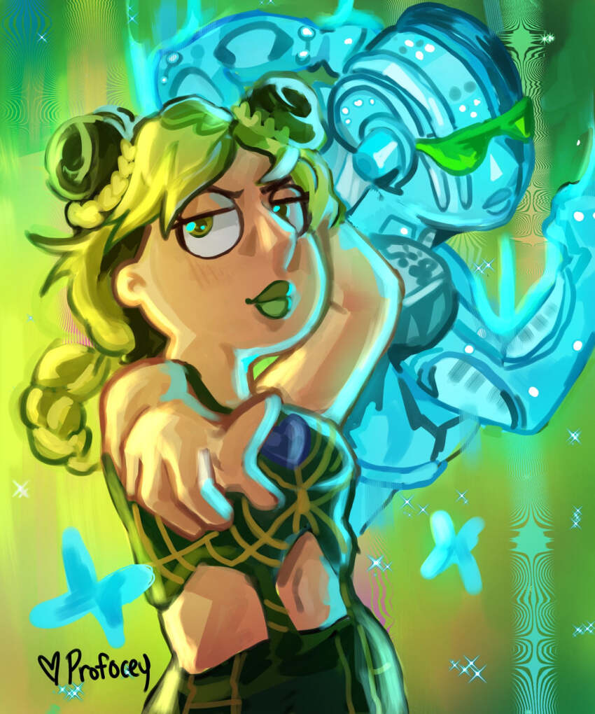 1girl, artist_name, closed_mouth, cosplay, double_bun, family_guy, green_eyes, green_hair, green_lips, hair_bun, highres, jojo_no_kimyou_na_bouken, kujo_jolyne_(cosplay), kuujou_jolyne, long_hair, looking_at_viewer, meg_griffin, pointing, pointing_at_viewer, profocey, stand_(jojo), stone_free, stone_free_(cosplay), stone_ocean