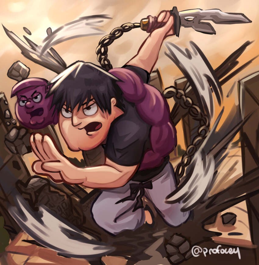 1boy, black_eyes, black_hair, black_shirt, chain, cosplay, family_guy, fushiguro_toji_(cosplay)