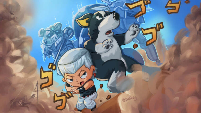 2boys, artist_name, black_shirt, brian_griffin, cosplay, dog, iggy_(jojo), iggy_(jojo)_(cosplay)