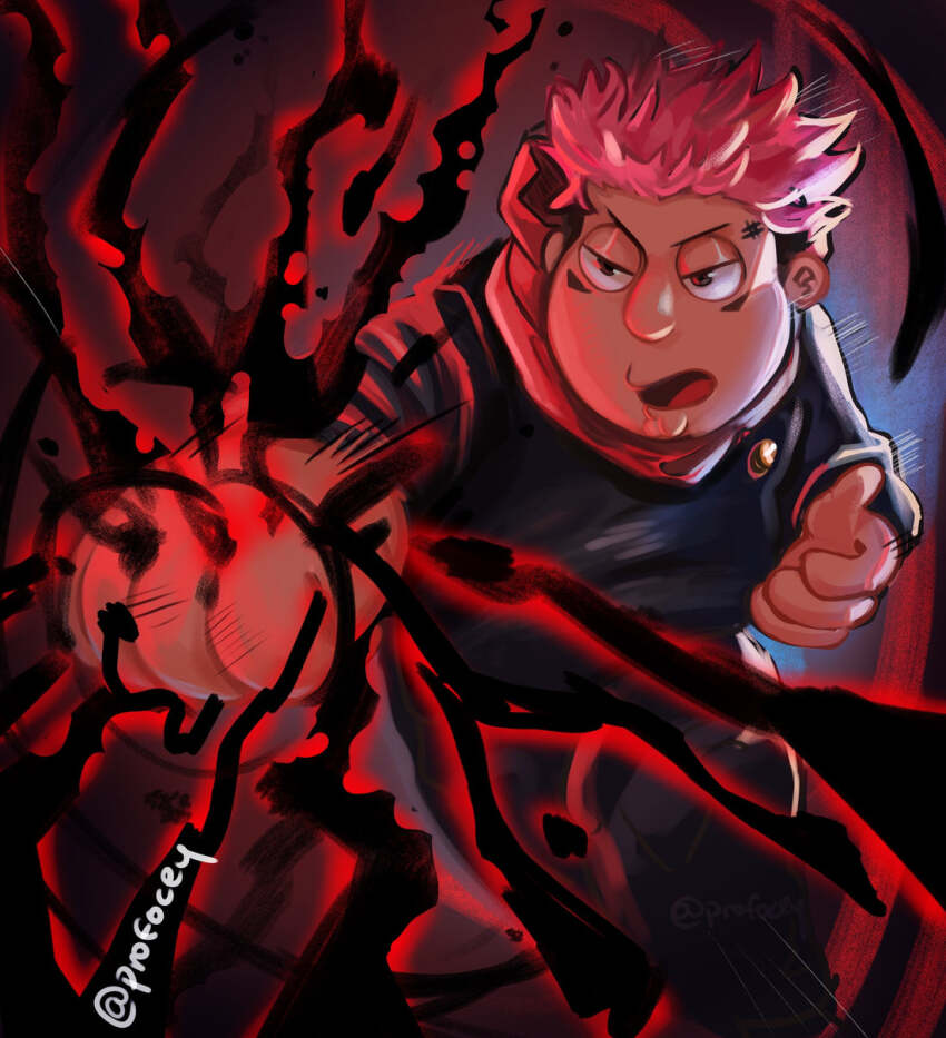 artist_name, chris_griffin, clenched_hand, cosplay, cursed_energy_(jujutsu_kaisen), facial_mark, family_guy, highres