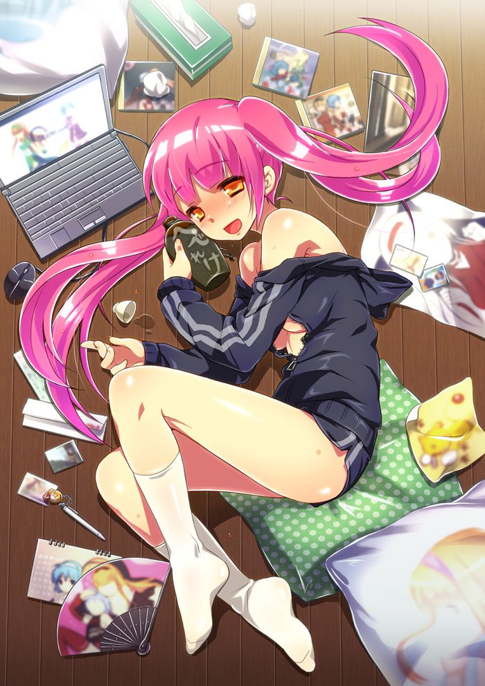 1girl, :d, bare_shoulders, blush, bottle, breasts, choko_(cup), clothes_pull, computer, computer_keyboard, cup, dlsite.com, dlsite.com_15_year_anniversary_contest, drunk, female_focus, folding_fan, gym_shorts, hand_fan, hood, hoodie, jacket, korita, laptop, long_hair, long_legs, lying, medium_breasts, merchandise, messy, on_side, open_mouth, orange_eyes, original, paper_fan, pillow, pink_hair, polka_dot, shirt_pull, shorts, smile, socks, solo, spill, tissue, tissue_box, tokkuri, track_jacket, uchiwa, underboob, unzipped, white_socks