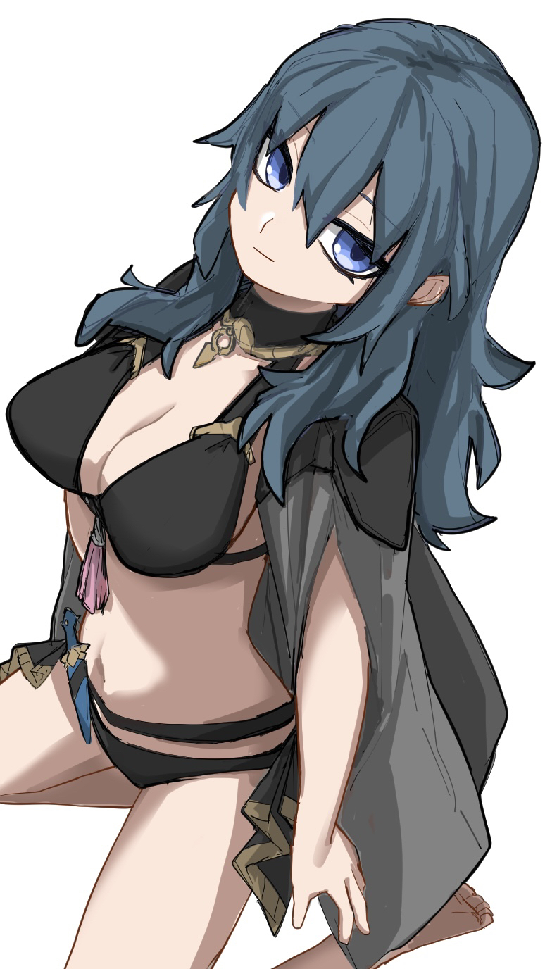 1girl, aaaakunaaaa, bikini, black_bikini, black_cape, blue_eyes, blue_hair, breasts, cape, closed_mouth, female_byleth_(fire_emblem), female_byleth_(summer)_(fire_emblem), fire_emblem, fire_emblem:_three_houses, fire_emblem_heroes, hair_between_eyes, highres, large_breasts, long_hair, looking_at_viewer, navel, nintendo, official_alternate_costume, simple_background, smile, solo, stomach, swimsuit, white_background