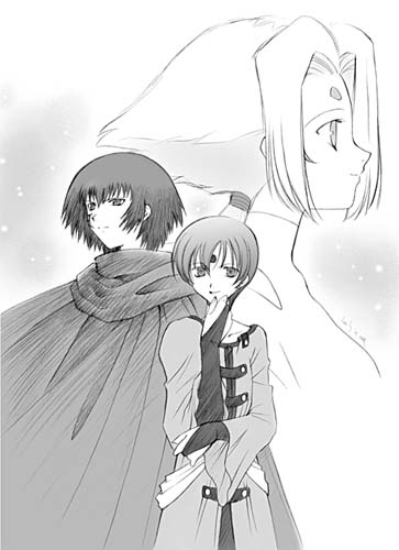 1boy, 2girls, bad_id, cape, closed_mouth, coat, commentary_request, cowboy_shot