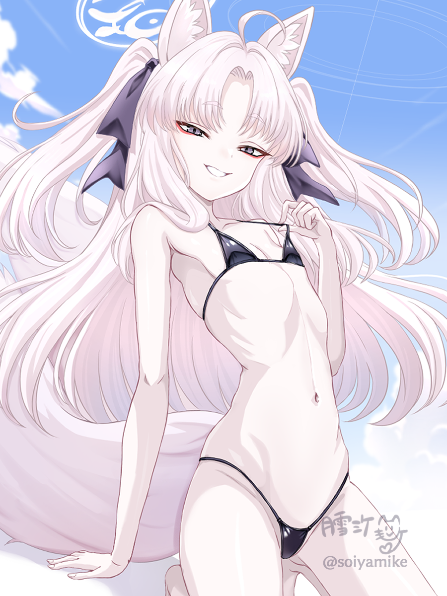 1girl, ahoge, animal_ear_fluff, animal_ears, artist_name, bare_arms, bare_shoulders, bikini