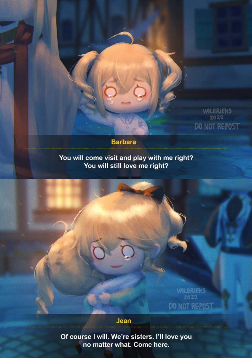 2girls, aged_down, barbara_(genshin_impact), crying, english_text, genshin_impact, highres, holding_hands