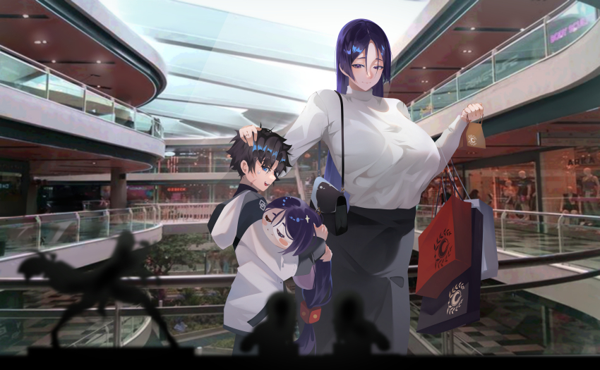 1boy, 1girl, absurdres, age_difference, aged_down, bag, black_hair, breasts, commentary, couple, curvy, english_commentary, fate/grand_order, fate_(series), fujimaru_ritsuka_(male), hand_on_another's_head, hetero, highres, large_breasts, long_hair, mall, mature_female, minamoto_no_raikou_(fate), narrow_waist, onee-shota, photo_background, purple_eyes, purple_hair, shopping, shopping_bag, size_difference, skirt, slob_slime, stuffed_toy, tall_female, watercraft, wide_hips