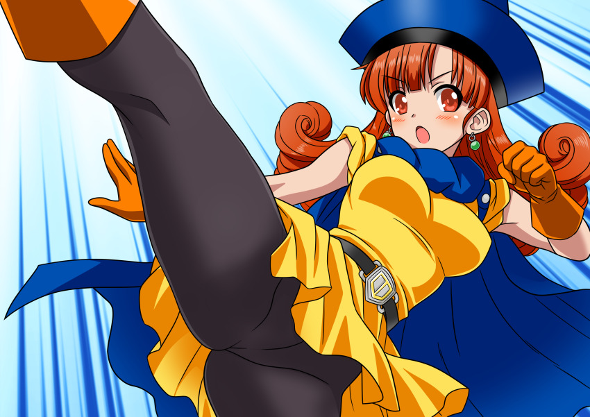 1girl, alena_(dq4), belt, black_pantyhose, blue_background, blue_cape, blue_hat, blunt_bangs