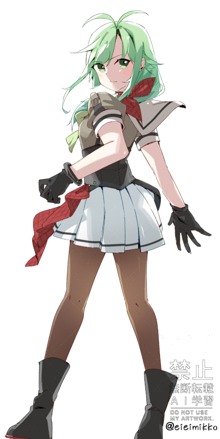 1girl, antenna_hair, black_boots, black_gloves, boots, brown_pantyhose, closed_mouth, commentary_request