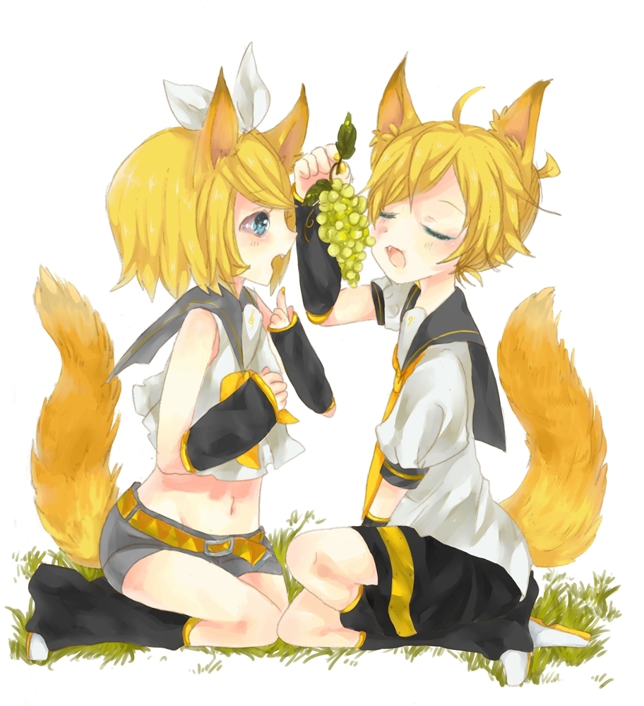 1boy, 1girl, animal_ears, arm_warmers, bass_clef, belt, blonde_hair, blouse, blue_eyes, bow, bowtie, closed_eyes, eating, fang, finger_to_mouth, food, fruit, grapes, hair_bow, kagamine_len, kagamine_rin, koumi_(rl0318), leg_warmers, navel, necktie, sailor_collar, shirt, short_hair, short_shorts, short_sleeves, shorts, sitting, sleeveless, t-shirt, tail, treble_clef, vocaloid, white_shirt
