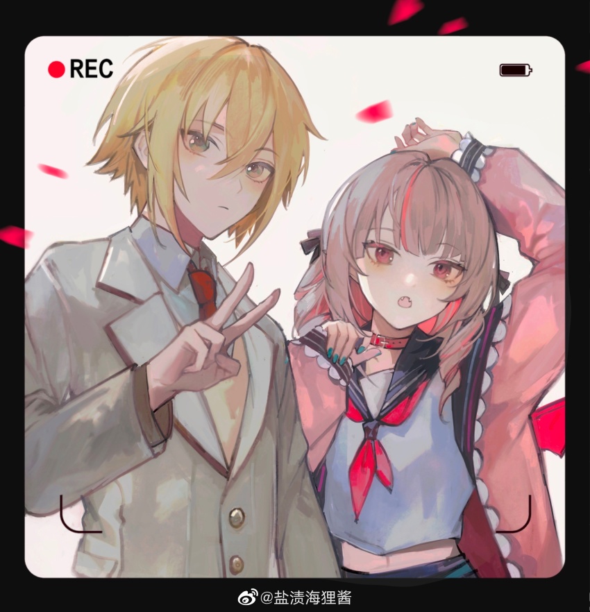 1boy, 1girl, absurdres, aqua_nails, battery_indicator, belt_collar, black_border, black_sailor_collar, blonde_hair, border, brown_hair, chinese_commentary, collar, collared_shirt, commentary_request, grey_jacket, hair_between_eyes, highres, jacket, lapels, long_sleeves, looking_at_viewer, makaino_ririmu, makaino_ririmu_(4th_costume), midriff, multicolored_hair, nail_polish, neckerchief, nijisanji, notched_lapels, open_clothes, open_jacket, pink_eyes, pink_hair, pink_jacket, protected_link, recording, red_neckerchief, sailor_collar, sailor_shirt, shirt, streaked_hair, tsuta1218, two-tone_hair, upper_body, uzuki_kou, uzuki_kou_(3rd_costume), v, virtual_youtuber, watermark, weibo_watermark, white_shirt