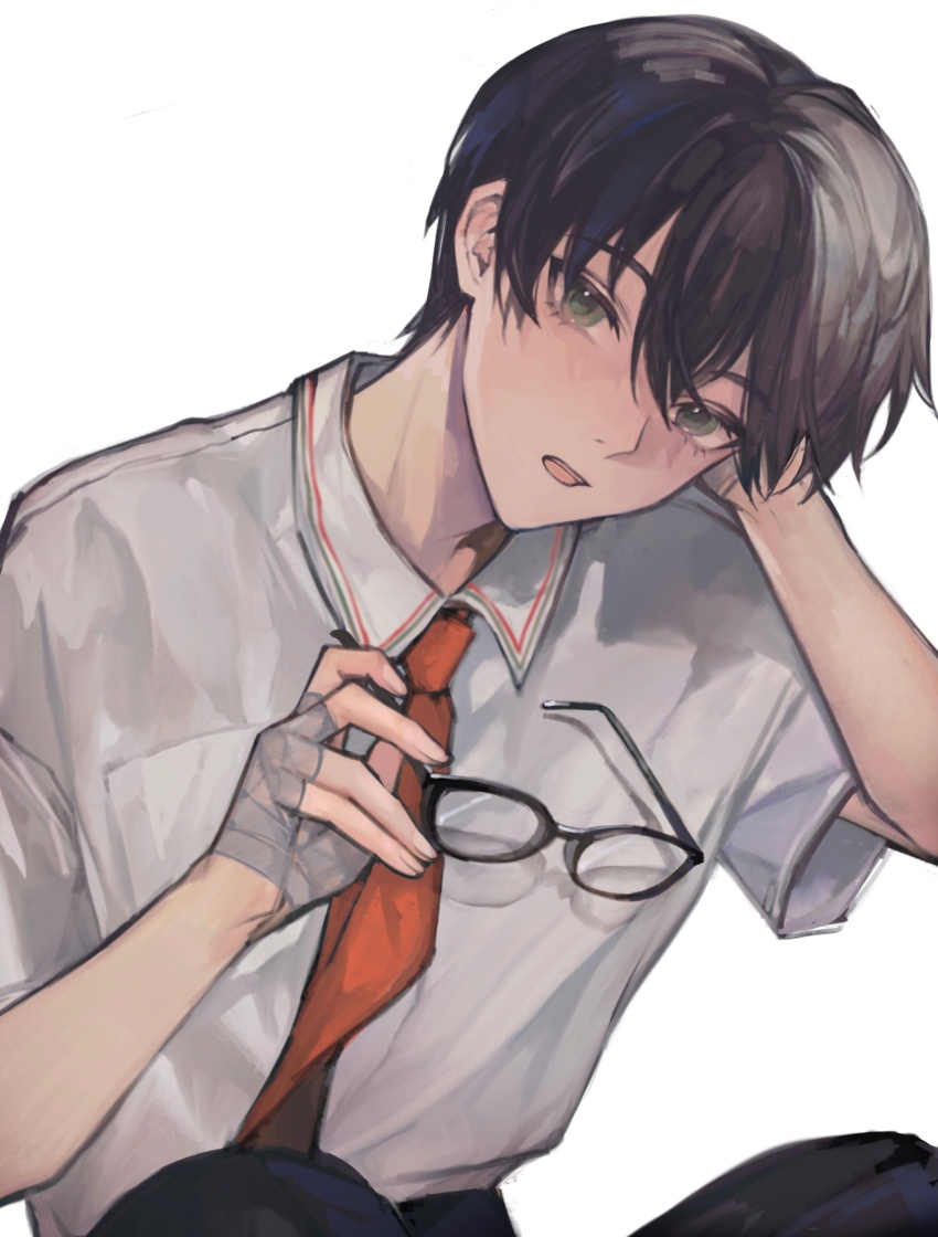 1boy, absurdres, bandaged_hand, bandages, black_hair, collared_shirt, glasses, green_eyes