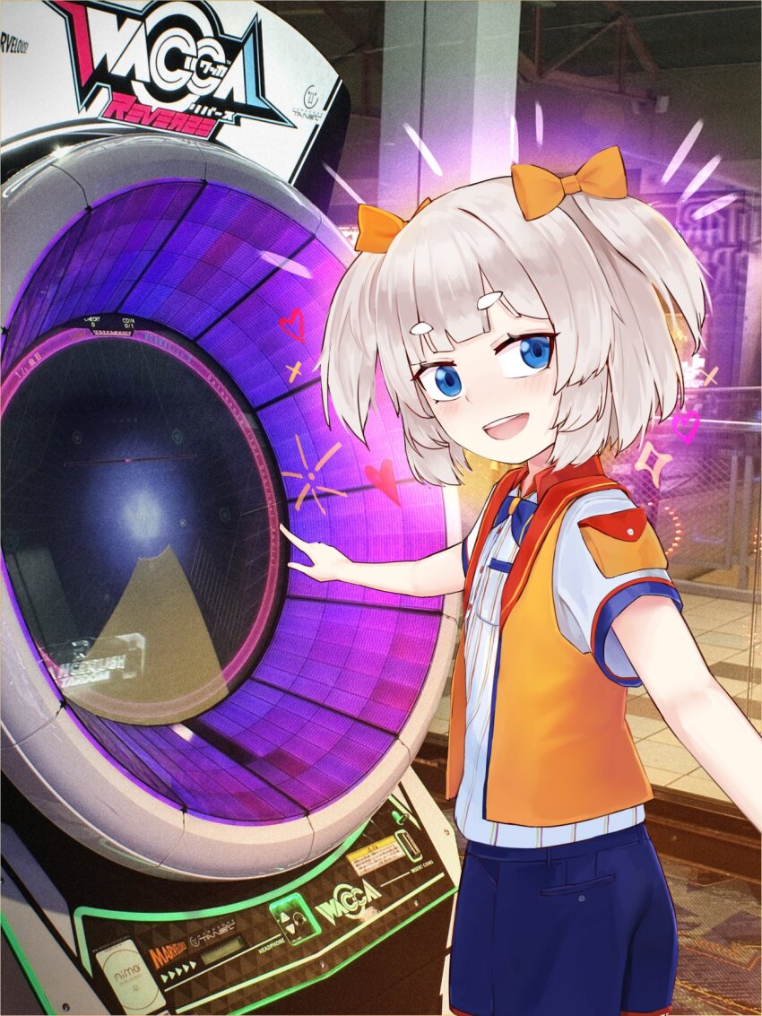 1girl, 2025, blue_eyes, commission, copyright_name, english_text, fish_girl, fluzzyvt, highres, indie_virtual_youtuber, looking_back, marimari_(vtuber), ok1teru, phase_connect, pointing, solo, standing, video_game, virtual_youtuber, wacca_(video_game), wacca_reverse, white_hair