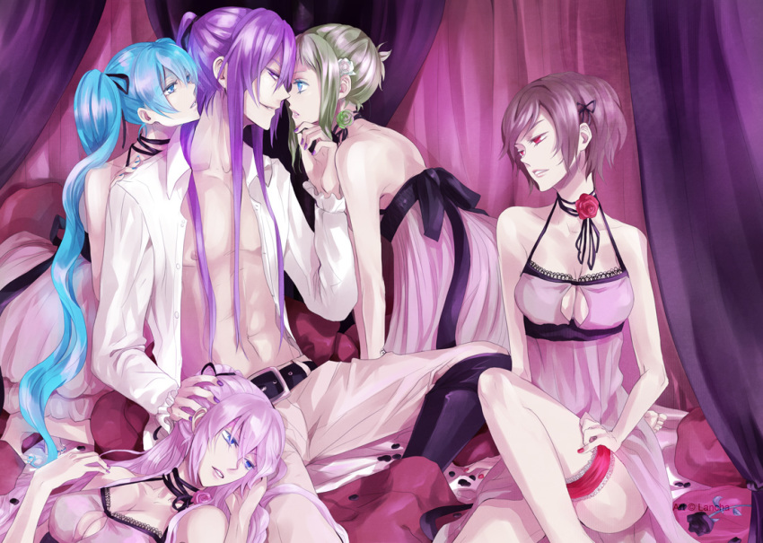 4girls, aqua_eyes, aqua_hair, bare_pectorals, blouse, breasts, brown_hair, cleavage