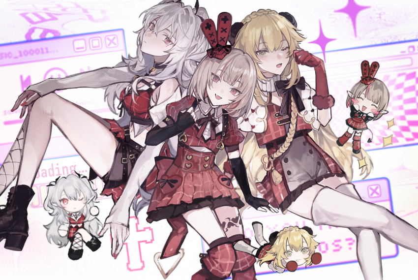1boy, 2girls, animal_ears, black_boots, black_bow, black_choker, black_gloves, blonde_hair, blush_stickers, boots, bow, braid, brown_hair, character_doll, chibi, chibi_inset, choker, commentary, crossed_legs, doll, dress, elbow_gloves, fake_animal_ears, fingerless_gloves, genderswap, genderswap_(mtf), gloves, green_eyes, grey_hair, highres, kuzuha_(nijisanji), looking_at_viewer, makaino_ririmu, mole, mole_under_eye, multicolored_hair, multiple_girls, nail_polish, neck_ribbon, nijisanji, one_eye_closed, pink_hair, pointy_ears, rabbit_ears, red_dress, red_eyes, red_gloves, red_nails, ribbon, sanya_(nijisanji), sign_wa_b_(oshi_no_ko), single_fishnet_legwear, sparkle, streaked_hair, untranslatable_commentary, thigh_boots, thighhighs, trap, tsuta1218, two-tone_hair, user_interface, uzuki_kou, virtual_youtuber, white_boots, zettai_ryouiki
