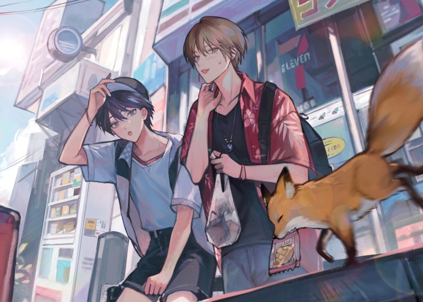 2boys, adjusting_clothes, adjusting_headwear, backpack, bag, black_bag, black_hair, black_shirt, black_shorts, brown_eyes, brown_hair, casual, commentary_request, fox, fushimi_gaku, fushimi_gaku_(2nd_costume), hawaiian_shirt, highres, holding, holding_bag, jewelry, kenmochi_touya, looking_at_viewer, magatama, magatama_necklace, male_focus, multiple_boys, necklace, nijisanji, outdoors, plastic_bag, protected_link, red_shirt, ring, shirt, short_hair, short_sleeves, shorts, sweat, tsuta1218, vending_machine, virtual_youtuber