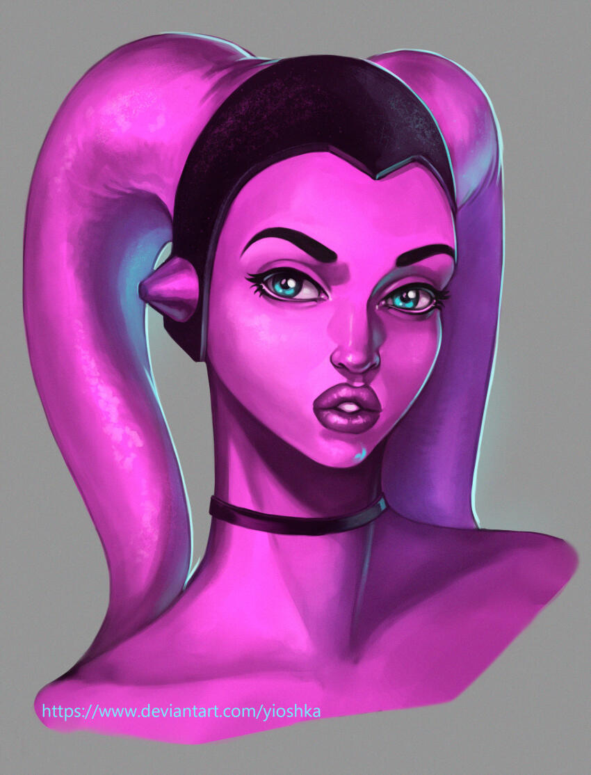 1girl, absurdres, alien, artist_name, black_choker, blue_eyes, choker, colored_skin