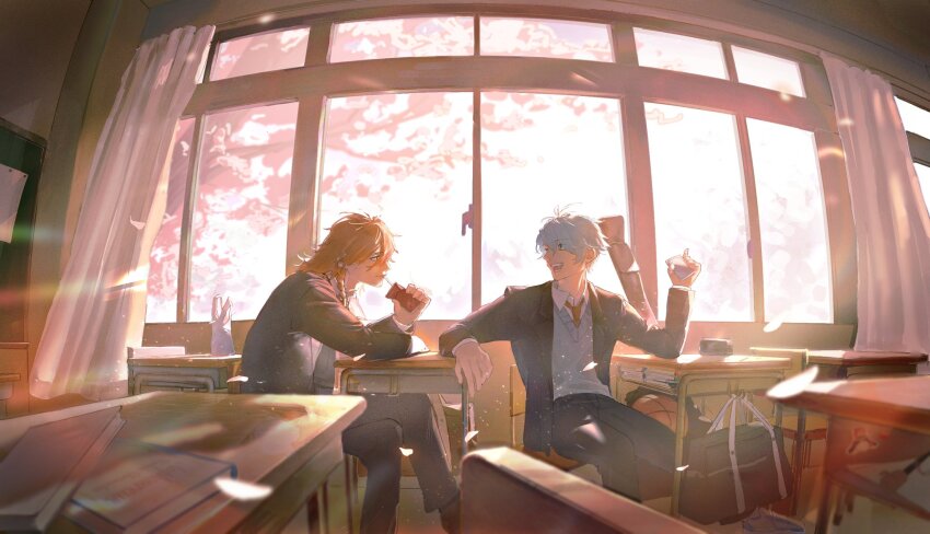 2boys, antenna_hair, aonon_040, arm_rest, bag, black_jacket, black_pants, blonde_hair