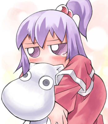 1girl, chibi, female_focus, hair_bobbles, hair_ornament, hug, jitome, lowres, moomin, moomintroll, mystic_square, nyagakiya, purple_eyes, purple_hair, shinki_(touhou), side_ponytail, solo, tears, touhou, touhou_(pc-98)