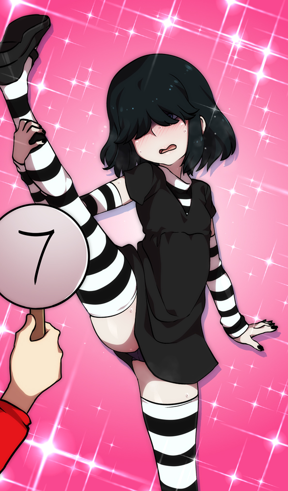 2girls, arm_at_side, black_dress, black_hair, black_nails, black_shoes, black_thighhighs, blush, bob_cut, commentary, covered_eyes, detached_sleeves, dress, drop_shadow, english_commentary, facing_viewer, hair_over_eyes, hand_on_own_leg, holding, holding_sign, horizontal-striped_thighhighs, jcm2, leg_up, loli, long_sleeves, lucy_loud, lynn_loud, medium_hair, multicolored_thighhighs, multiple_girls, nail_polish, nose_blush, open_mouth, panties, pantyshot, pink_background, purple_panties, shoes, short_dress, short_sleeves, siblings, sign, simple_background, sisters, solo_focus, sparkle, sparkle_background, split, standing, standing_on_one_leg, standing_split, striped_clothes, striped_sleeves, striped_thighhighs, the_loud_house, thighhighs, two-tone_thighhighs, underwear, white_thighhighs