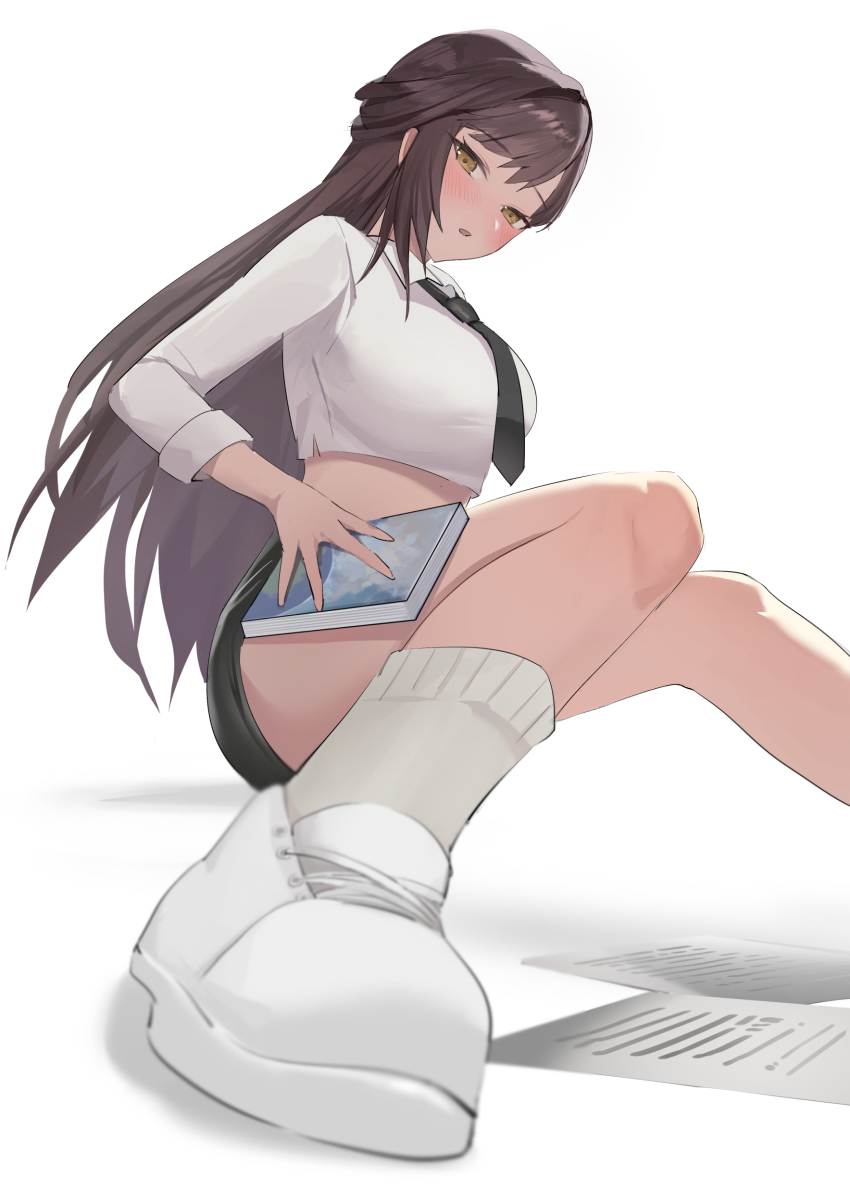 1girl, absurdres, black_necktie, black_skirt, blush, book, breasts, brown_eyes, brown_hair, collared_shirt, commentary_request, cropped_shirt, foot_out_of_frame, goddess_of_victory:_nikke, highres, holding, holding_book, large_breasts, long_hair, looking_at_viewer, marciana_(nikke), marciana_(school_days)_(nikke), midriff, miniskirt, necktie, nihine_(u-u115), parted_lips, shirt, shoes, simple_background, sitting, skirt, socks, solo, white_background, white_shirt, white_shoes, white_socks