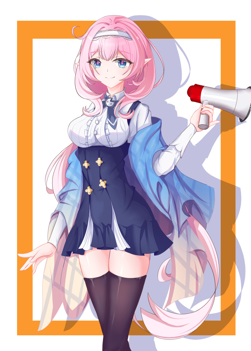 1girl, absurdres, black_thighhighs, blue_eyes, blue_scarf, blue_skirt, breasts, elf, elysia_(coco)_(honkai_impact), elysia_(honkai_impact), hairband, highres, holding, holding_megaphone, honkai_(series), honkai_impact_3rd, large_breasts, long_hair, megaphone, neptune_(user_xwvh2323), official_alternate_costume, pink_hair, pointy_ears, scarf, shirt, skirt, smile, solo, thighhighs, thighs, very_long_hair, white_background, white_hairband, white_shirt, zettai_ryouiki