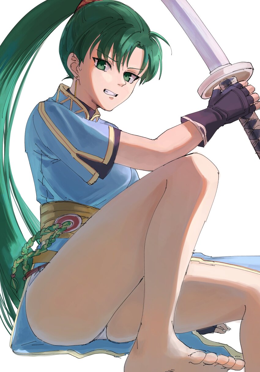 1girl, absurdres, angry, bare_legs, barefoot, black_gloves, blue_dress, breasts, clenched_teeth, commentary_request, dress, earrings, fingerless_gloves, fire_emblem, fire_emblem:_the_blazing_blade, gloves, green_eyes, green_hair, high_ponytail, highres, holding, holding_sword, holding_weapon, jewelry, knee_up, long_hair, looking_at_viewer, lyn_(fire_emblem), marukubi9595, nintendo, panties, pantyshot, ponytail, short_sleeves, simple_background, sitting, solo, sword, teeth, thighs, toes, underwear, weapon, white_background, white_panties