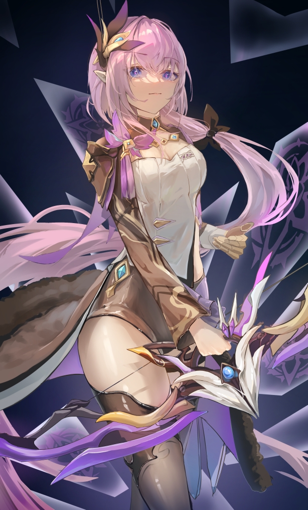 1girl, black_boots, black_shorts, blue_background, blue_eyes, boots, bow_(weapon), breasts